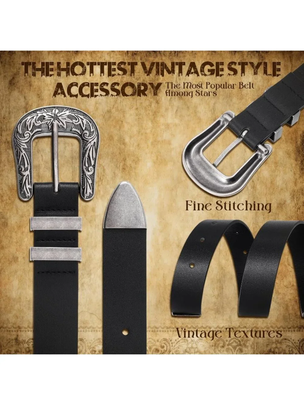 Women's G-Black Silver Leather Belts Vintage Western Design Black Waist Belt